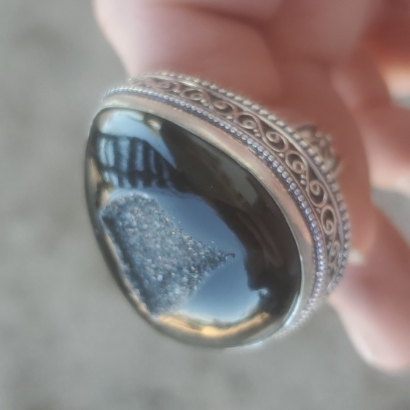 New Oversized Black Agate Druzy 925 Silver Ring. - Picture 4 of 16